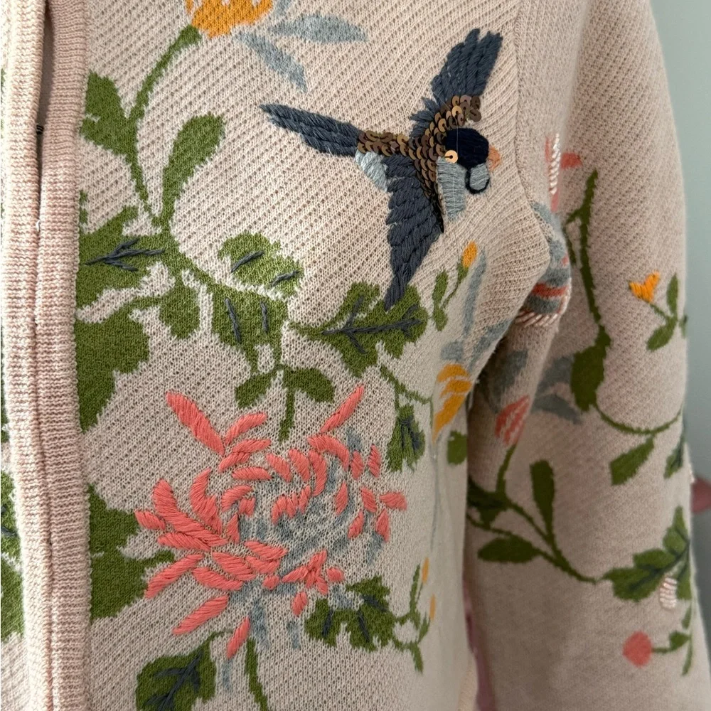 Anthropologie Embroidered Floral Bird Cardigan - Picture 3 of 5